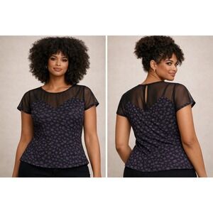NWT- Guess Womens XL Purple Leopard Mesh Yoke Peplum Cap Sleeve Blouse